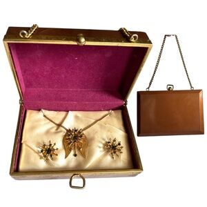 Mid Century Gold Tone Atomic Jewelry Set Hard Case Purse Earrings Necklace